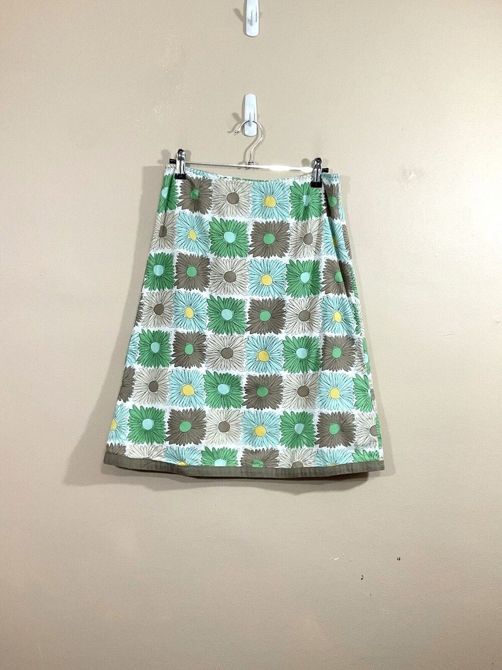 Boden Patchwork Daisy Floral Knee Length Skirt 8R Green Twee Cottage Festival